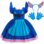 Lilo ja Stitch Sama stiiliga T&uuml;druk Cosplay Stitch Halloweeni peokleit + Aksessuaarid Suvine L&uuml;hikeste varrukatega Kohev Armas Kleit 4T(120CM) blue