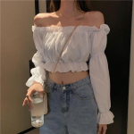 Naiste &uuml;laosa Seksikas pluus, &otilde;lgadeta &uuml;laosa, pikkade varrukatega Club Party valge s&auml;rk, puhvis varrukatega, volangiga tuunika Crop top suvine toru topp S valge