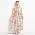 Kevad-s&uuml;gis Naised Vintage Br&auml;nd Disainer Kirjatr&uuml;kk Rev&auml;&auml;rikrae Maxi Pikk s&auml;rk Kleidid Runway Mood Line Retro Peomantel M mitmev&auml;rviline