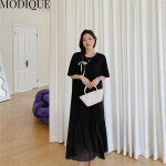 MODIQUE suvine suursuuruses uus naiste lahtine v&otilde;rkpits A-joon &uuml;hev&auml;rvilised pikad plisseeritud kleidid Elegantne daam vabaaja puuvillane O-kaelusega l&uuml;hikeste varrukatega seelik XL must