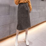 Houndstooth ruuduline seelik naistele s&uuml;giseks ja talveks &uuml;le p&otilde;lve paksendatud fliisiga, keskmise pikkusega sirge toruga l&otilde;hestatud puusa seelik XL kohv