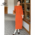 Talvine hiina stiilis retro &uuml;hev&auml;rviline pikkade varrukatega naiste pl&uuml;&uuml;s, poolitatud pikk kleit L oranž