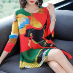 Dress Female Tops New Popular Spring Fashion Fold Loose Slim A-line Dress Casual O Neck Mid length Autumn Dress Female Tops M punane