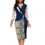 Elegantne naiste tr&uuml;kitud kleit V-kaelusega 3/4 varrukatega &otilde;huke midikleit naiste pidulik vabaaja kehakleit, t&ouml;&ouml;r&otilde;ivaste r&otilde;ivad L sinine