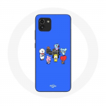 Coque pour Samsung Galaxy A03 BTS BT21 Tata Chimmy Cooky Rj Koya Shooky Et Mang Jouent De la musique Fond Bleu