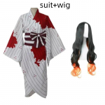 Anime Demon Slayer Kimetsu No Yaiba Kamado Nezuko Cosplay Kost&uuml;&uuml;m Parukas Klotsid Valge Vereplekk Kimono Halloweni &Uuml;htne &Uuml;likond XXXL-(Costume+Wig)