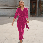 Naiste kevadine &otilde;htukleit pikkade varrukatega elegantne V-kaelusega A-joon k&otilde;rge v&ouml;&ouml;koha v&ouml;&ouml;ga pikad sametkleidid &uuml;hev&auml;rvilised L roosa punane v&auml;rv