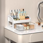 Sahtel ehete meigihoidik Suure mahutavusega l&auml;bipaistev meigihoidik Mitmekihiline multifunktsionaalne t&ouml;&ouml;laua korraldaja 2layer-22x16.5x13.5cm valge