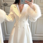 Tviidjakk naiste talvine uus soe mantel Premium Seksikas pikk mantel Kunstkarusnahast naiste pikk mantel vabaaja mantel L valge