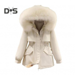 Naiste talvejope karvane kapuuts, paksendatud pl&uuml;&uuml;s pikad varrukad, elastsed v&ouml;&ouml;taskud lukuga suletav mantel keskmise pikkusega tuulekindel soe mantel M must