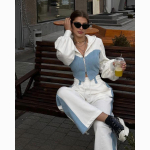 Naiste s&uuml;gismood vabaaja teksariidest lapiga kapuutsiga topp ja p&uuml;kskost&uuml;&uuml;m S valge