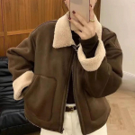 Fliisist lapitehnika Vintage l&uuml;hike soe jope naiste s&uuml;gistalv uus pruun mood villane rev&auml;&auml;rmantel Korea &scaron;ikk disainer vabaajariided S tume kohvi v&auml;rv