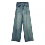 Naiste teksad k&otilde;rge v&ouml;&ouml;kohaga t&otilde;mblukuga n&ouml;&ouml;psulgur &uuml;hev&auml;rvilised lahtised laiad s&auml;&auml;red p&otilde;randapikkus, retro-distressed sirged taskud pehmed v&auml;rvikindlad naiste teksap&uuml;ksid L sinine