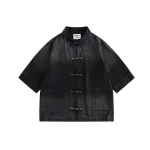 Retro Denim t&ouml;&ouml;riietus l&uuml;hikeste varrukatega s&auml;rk, Meeste ja naiste suvine moem&auml;rk, Jaapani retro poolepikkuste varrukatega trend, Lahe ja avar s&auml;rk M must