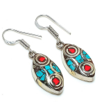 Natural Tibetan Turquoise, Coral Gemstone Handmade Jewelry Earring 1.58 i6h04