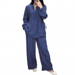 2 tk/komplekt Naiste &uuml;lemised p&uuml;ksid, kost&uuml;&uuml;m, &uuml;mmargune kaelus, pool &uuml;herealised, pikkade varrukatega, avara pluus, laia s&auml;&auml;rega, puhast v&auml;rvi p&uuml;ksid, vabaaja p&uuml;ksid M tumesinine v&auml;rv