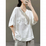 Naiste puuvillane ja linane T-s&auml;rk &uuml;hev&auml;rviline l&uuml;hikeste varrukatega taskuga topp suvi XXXXL valge