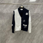 Summer College Style Rose Bird Jacquard V-Neck Cardigan in Blue and Gray M hall v&auml;rv