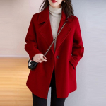Naiste Punane Villane Mantel Korea Stiilis L&otilde;tv L&otilde;ikega Vintage Moodne Bleiser Rev&auml;&auml;riga Talvejakk S