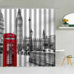 Londoni Arhitektuur T&auml;navavaade Du&scaron;ikardinad Armastajad Big Ben Punane Telefonikabiin Sild Veekindel Kangas Vannitoa Dekoor Curta 120x180cm
