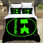 3D Retro Tr&uuml;kiga K-Kawasaki Mootorratta Logo Voodipesukomplekt Elegantne Voodipesukomplekt Tekikoti Kate Vooditeki Kate Luksuslik S&uuml;nnip&auml;evakingitus EU Single(135*200cm)3pcs