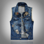 Meeste Kitsa L&otilde;ikega Trendikas Br&auml;ndi Denim Vest, Suur Suurus Mootorratta Denim Vest, Plaastervest, Rebitud Vest M sinine