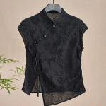 Naiste suvine disain Hiina rahvuslik stiil Cheongsam top Elegantne p&uuml;stkraega positiivse &otilde;laga T-s&auml;rk S must