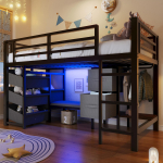 90*200 cm, poolk&otilde;rgune voodi, istmepadjaga, hoiusahtliga, hoiukotiga, mitmev&auml;rvilise LED-valgustusega, riidekonksu alaga, metallist, ilma madratsita, must 204 x 95 x 120.8 cm must