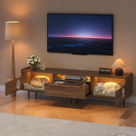 Kaasaegne TV-kapp LED-valgustuse, kasside puhkeruumi, klaasukste ja 1 sahtliga (Kassipadi ei kuulu komplekti), P&auml;hklipuu v&auml;rvi, 180x40x50 cm 180 x 40 x 50 cm