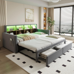 V&auml;ljat&otilde;mmatav polsterdatud diivanvoodi 90/180 x 190 cm, Peatsiin panipaigaga, LED-riba, Laadimispistikud, Kaks sahtlit, Lamellraam, Samet tumehall 204 x 104 x 96 cm hall
