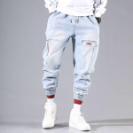 T&auml;navar&otilde;ivad Hip Hop Cargo P&uuml;ksid Meeste Teksad Elastsed Baggy Harem P&uuml;ksid Meeste Sport Joggers Korea Mood Pahkluu Rihmaga Denim XXXXXL helesinine v&auml;rv