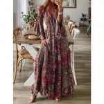 Kevadine ja s&uuml;gisene naiste kleit Bohemian Wind Flared varrukatega print V-kaelusega k&otilde;rge v&ouml;&ouml;kohaga kleit purustatud naiste pikk kleit S punane