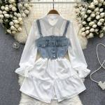 Korea seeria kulumist v&auml;hendav kaheosaline komplekt, retro l&uuml;hike teksavest Moodne keskmise pikkusega s&auml;rkide komplekt One Size sinine