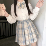3tk/komplekt Ruuduline naiste plisseeritud seelik v&ouml;&ouml;ris&otilde;lmega + valge pikkade varrukatega T-s&auml;rk Suvine k&otilde;rge v&ouml;&ouml;kohaga Preppy Girls Dance Miniseelik Cute A Line Harajuku S beež