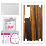 apgo kaitsev nahakleebis tagak&uuml;ljele ja k&uuml;lgedele, mis &uuml;hildub Samsung Galaxy S22-ga, t&auml;iskile, foolium, vin&uuml;&uuml;l &ndash; muster Tigerwood