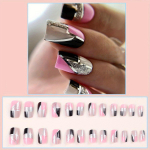 24 tk Geomeetriline &Uuml;hendamine Pealekleebitavad K&uuml;&uuml;ned - Mustad ja Roosa Prantsuse Otsad H&otilde;bedase S&auml;delusega - T&auml;iskattega L&uuml;hikesed Ruudukujulised Kunstk&uuml;&uuml;ned Imported ABS