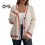 Naiste kampsun mantel V-kaelusega pikkade varrukatega, keerduva tekstuuriga kudumismantel Patchwork, v&auml;rvi &uuml;herealine, lahtiselt sobiv elastne kampsun v&auml;lisr&otilde;ivad S valge