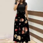 Suvekleidid naistele 2023. aasta moodsed vabaaja lillemustriga &uuml;mara kaelusega, l&uuml;hikeste varrukatega, suures suuruses maksikleidid L sinine