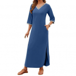 Naiste maksikleit k&uuml;ljetaskutega, V-kaelus, 45355, varrukad, l&otilde;hik S sinine