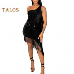 Naiste &otilde;htukleit kaldus tutiga &auml;&auml;ris, litriga, &uuml;he kaldus &otilde;laga, varrukateta Bodycon, pulmakokteili klubir&otilde;ivad Midi kleit S must