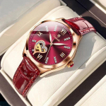 Automaatne mehaaniline elegantne naiste k&auml;ekell roostevabast terasest originaal nahast rihmaga veekindlad helendavad k&auml;ekellad One Size punane