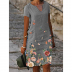 Lilletr&uuml;kiga puuvillane linane l&uuml;hikeste varrukatega Midi V-kaelusega kleit S valge