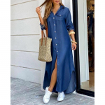 Naiste vabaaja pikkade varrukatega V-kaelusega A-l&otilde;ikeline kleit, lahtine pikk maksikleit-s&auml;rk taskuga 5XL denim sinine v&auml;rv