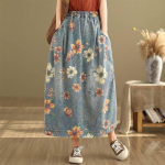 Mori Girl Kevad s&uuml;gisene Naiste Midi Denim seelik Elastne v&ouml;&ouml;koht Lillemustriga Vintage seelik Retro elegantne taskutega naiste seelik XXL sinine