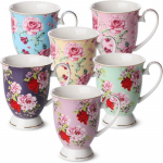 Suured Kohvitassid, 12 untsi, Komplekt 6 tk, Lillelised Tassid, Portselanist Luuportselan, Teetass, Kohvitasside Komplekt Set of 6 mitmev&auml;rviline