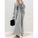 LYRIA Suvekleit Puuvillane Linane Triibuline Kardigan S&auml;rkkleit Naistele Moslemi L&otilde;tv Suur Vabaaja Temperament Ebaregulaarne Pikk Vestidos 5XL 4XL must