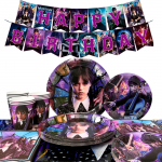 114 tk Multifilmide S&uuml;nnip&auml;evapeo Lauan&otilde;ude Komplekt, Multifilmide Peotarbed Lauan&otilde;ud-Kolmap&auml;ev Lauslina B&auml;nner Taldrikud Kruusid Multifilmide Peo Kaunistuseks, Teenindab 16 lilla/must