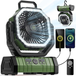 Telkimisventilaator 20000mAh Akuga Ventilaator Laetav LED-valgustiga Kaasaskantav V&auml;litingimustes Telgiventilaator Rippuva Konksuga roheline