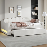 Polsterdatud 140 x 200 cm p&auml;evavoodi LED-riba ja v&auml;ljat&otilde;mmatava voodiga, beež 212 x 148.5 x 84 cm beež