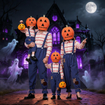 Emme ja lapse sobiv Halloweeni k&otilde;rvitsakost&uuml;&uuml;mi komplekt triibulise pluusi ja traksip&uuml;kstega peo jaoks M sinine